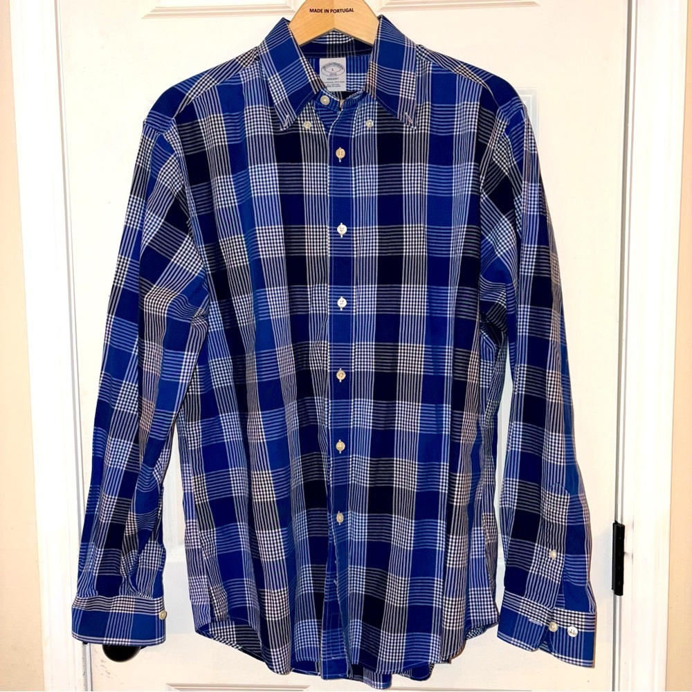 Brooks Brothers Shirt Mens Large Button Down Regent Blue Plaid Non Iron